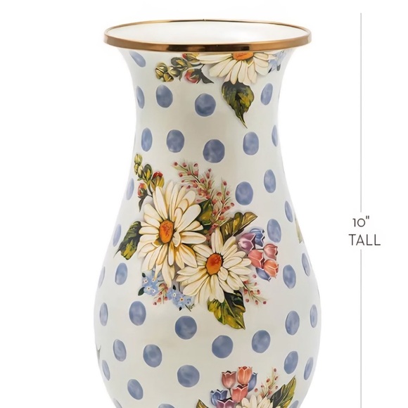 MACKENZIE-CHILDS 10" Tall Enamel Vase Blue Wildflowers 6" Dia EUC - Picture 2 of 4